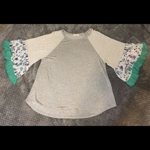 Oddy Contrast Sleeve with Ruffle Top, Gray, L